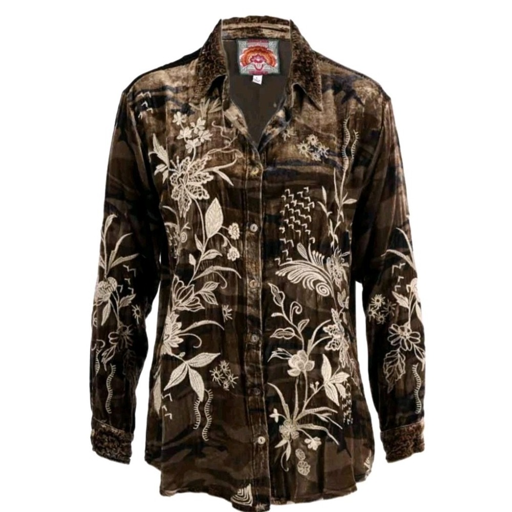 New JOHNNY WAS Maree Velvet EMBROIDERED Long Sleeve Button Up XS Boho Silk Blend